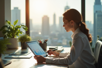 Femme d'affaires analysant des graphiques financiers au bureau