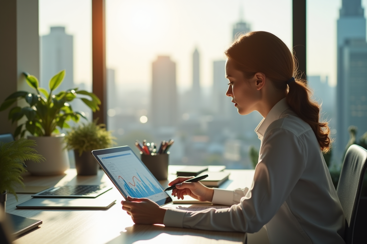 Femme d'affaires analysant des graphiques financiers au bureau