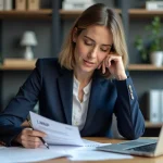 Femme d affaires en costume bleu examinant des documents officiels