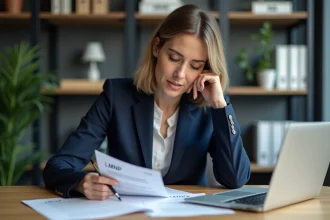 Femme d affaires en costume bleu examinant des documents officiels