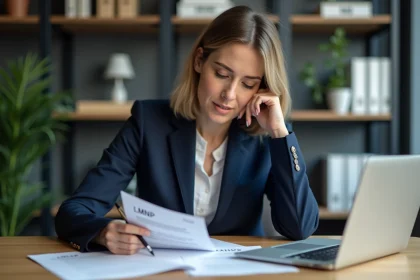Femme d affaires en costume bleu examinant des documents officiels
