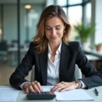 Femme d affaires en bureau examinant documents immobiliers