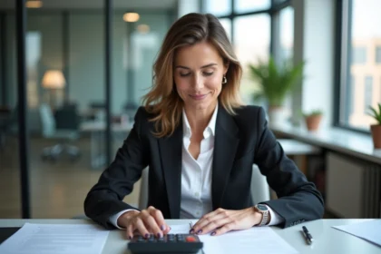Femme d affaires en bureau examinant documents immobiliers