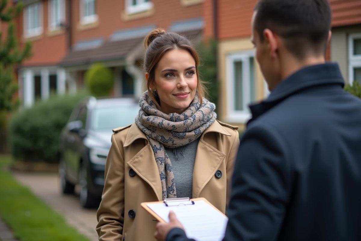 Jeune femme discutant avec un notaire devant sa maison dans un quartier résidentiel