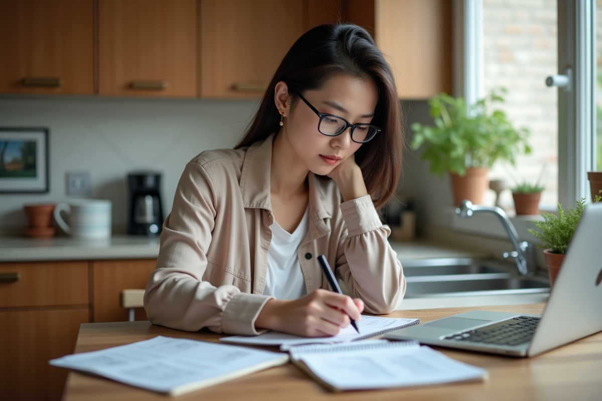 Jeune femme consulte des annonces de foreclosure à la maison