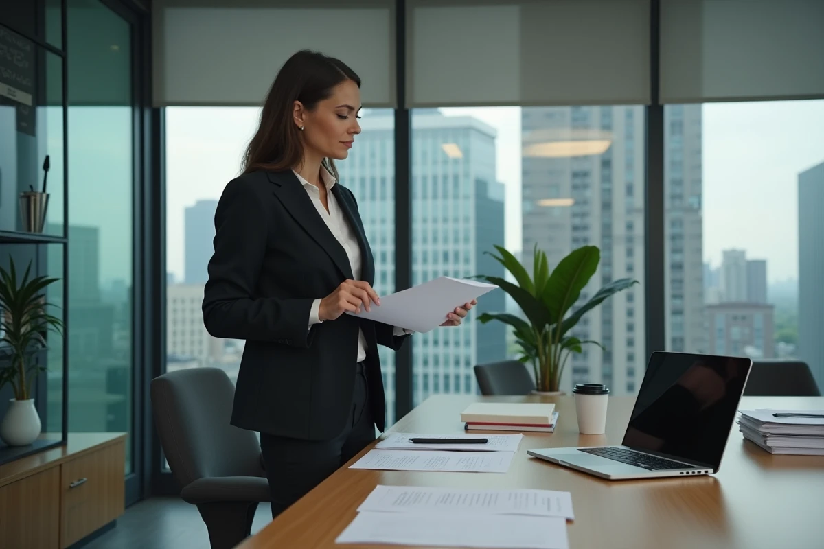 Femme professionnelle debout à son bureau avec documents