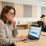 Femme au bureau face à un écran d'erreur de connexion sur le portail SYPLO