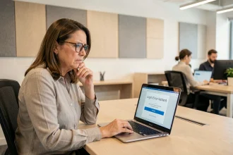 Femme au bureau face à un écran d'erreur de connexion sur le portail SYPLO