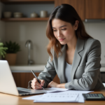 Jeune femme concentrée travaillant sur un ordinateur dans un appartement moderne