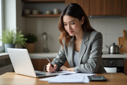 Jeune femme concentrée travaillant sur un ordinateur dans un appartement moderne