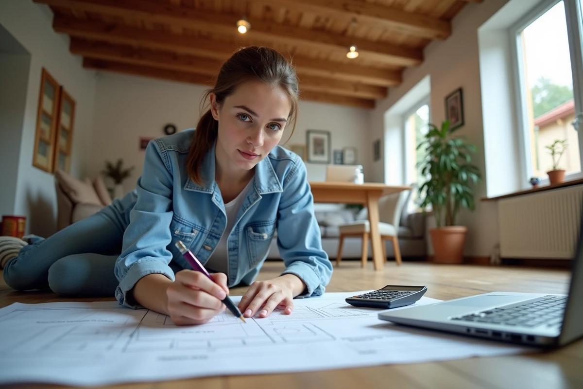 Jeune femme dessinant des plans de toiture au sol