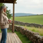 Femme détendue sur la terrasse d'une maison de campagne