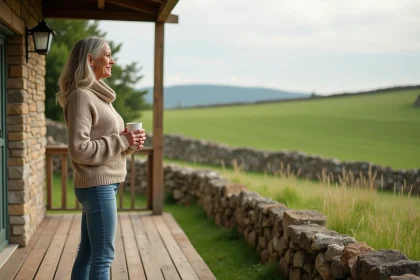 Femme détendue sur la terrasse d'une maison de campagne
