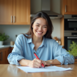 Femme souriante remplissant un formulaire de changement d'adresse à la maison