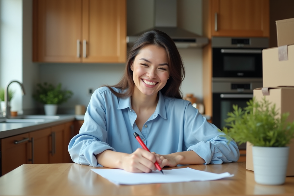 Femme souriante remplissant un formulaire de changement d'adresse à la maison