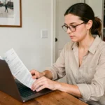 Femme consultant des documents d'assurance appartement sur un ordinateur portable dans sa cuisine