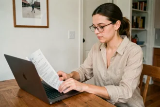 Femme consultant des documents d'assurance appartement sur un ordinateur portable dans sa cuisine