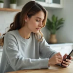 Femme consultant ses documents de copropriété sur l'application Myfoncia depuis son smartphone à domicile