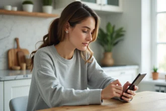 Femme consultant ses documents de copropriété sur l'application Myfoncia depuis son smartphone à domicile