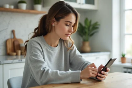 Femme consultant ses documents de copropriété sur l'application Myfoncia depuis son smartphone à domicile