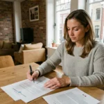 Femme consultant un contrat d'assurance habitation dans un appartement lillois avec parquet et briques apparentes