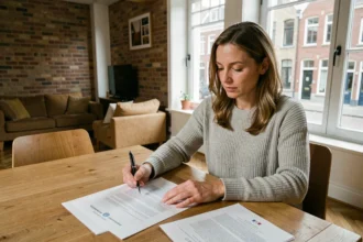 Femme consultant un contrat d'assurance habitation dans un appartement lillois avec parquet et briques apparentes