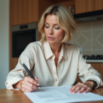 Femme d'âge moyen examine un contrat de location à la maison
