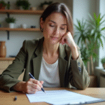 Femme d'âge moyen examine un contrat de location dans un appartement moderne