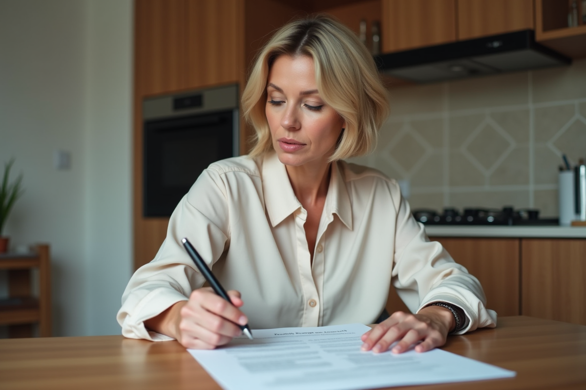 Femme d'âge moyen examine un contrat de location à la maison