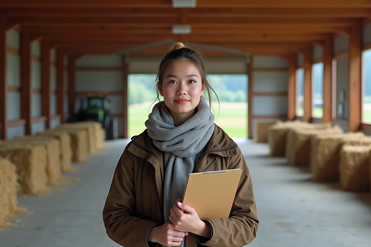 Jeune femme dans hangar agricole avec foin et équipement