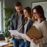 Femme élégante avec couple dans appartement moderne