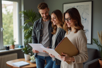 Femme élégante avec couple dans appartement moderne