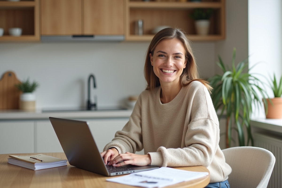 Femme souriante dans une cuisine lumineuse