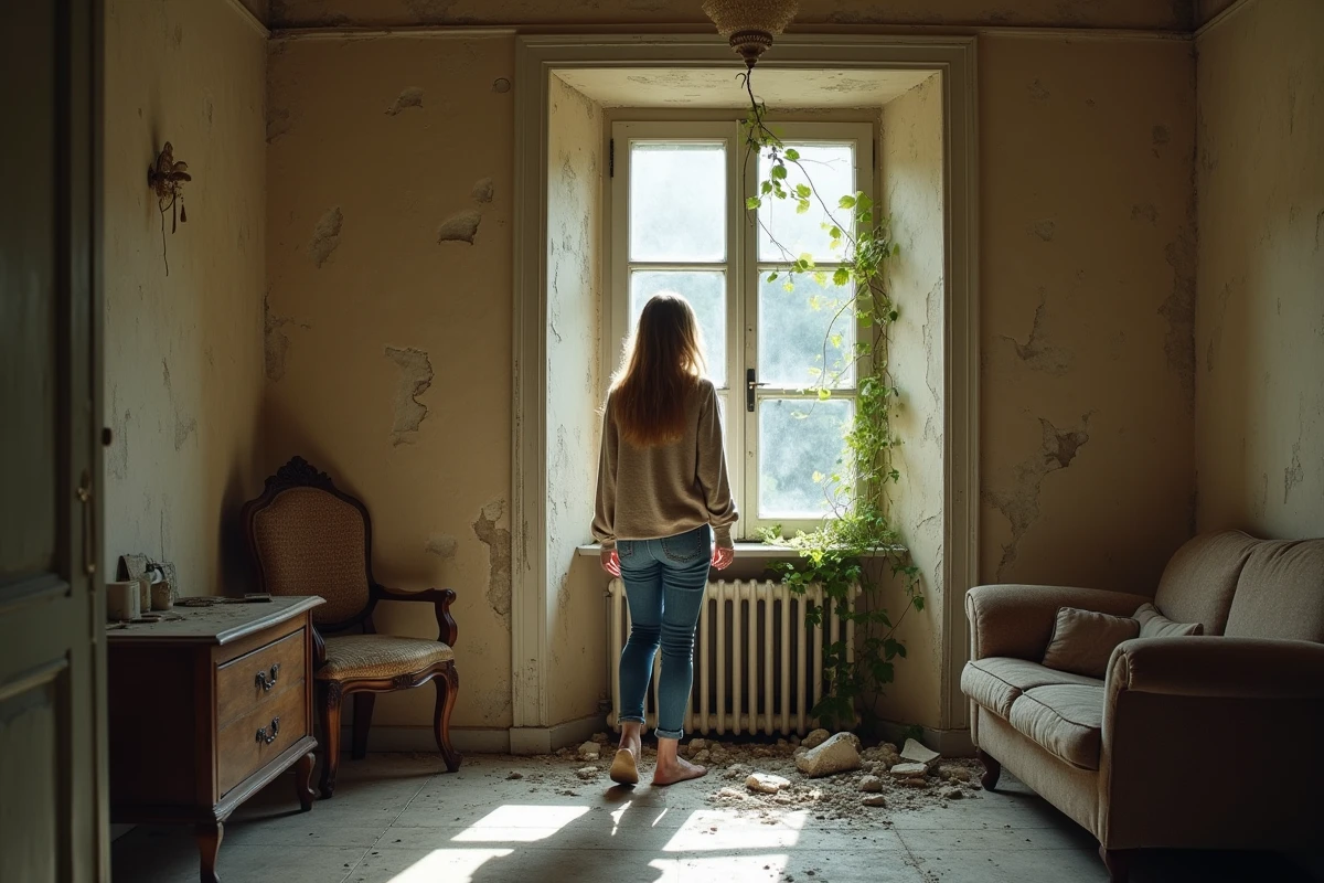 Jeune femme dans une maison abandonnée regardant par une fenêtre
