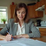 Femme en pleine procédure de divorce relisant des documents juridiques à la table de sa cuisine