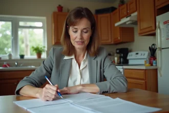 Femme en pleine procédure de divorce relisant des documents juridiques à la table de sa cuisine
