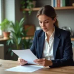 Femme en blazer examinant des documents dans un appartement