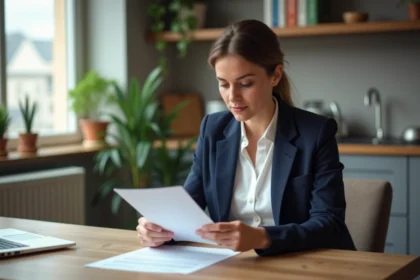 Femme en blazer examinant des documents dans un appartement