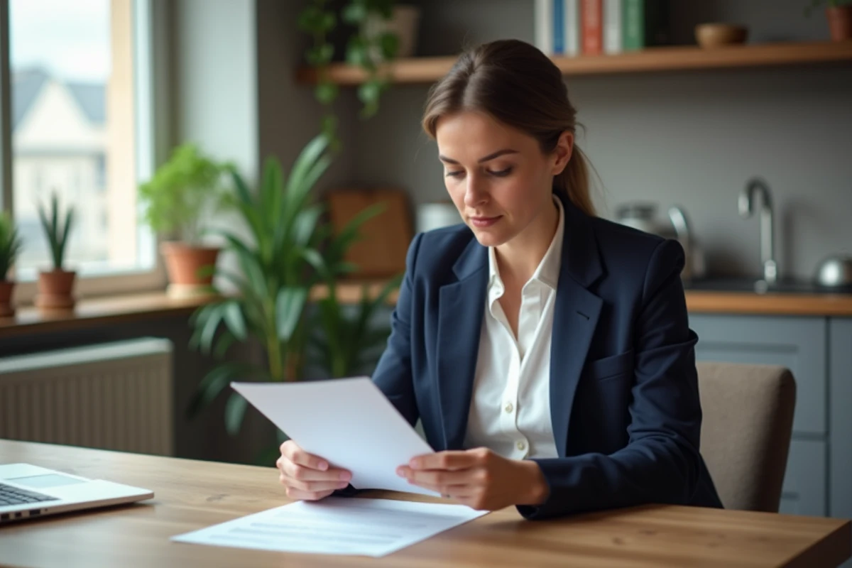 Femme en blazer examinant des documents dans un appartement