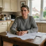 Femme seule examinant des documents immobiliers dans une cuisine de maison française lors d'une procédure de divorce dans l'Oise