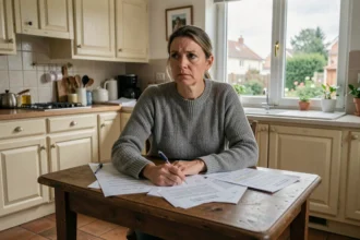 Femme seule examinant des documents immobiliers dans une cuisine de maison française lors d'une procédure de divorce dans l'Oise