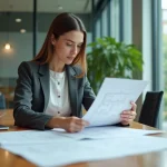 Femme professionnelle examinant des plans d'écodesign en bureau