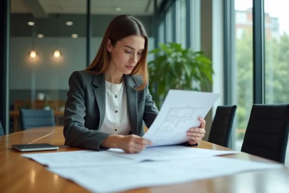Femme professionnelle examinant des plans d'écodesign en bureau