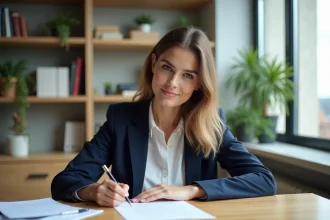 Femme écrivant une lettre dans un appartement moderne