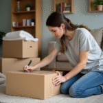 Femme emballant une boxe de déménagement dans un salon organisé