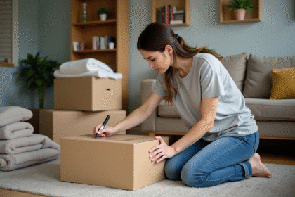 Femme emballant une boxe de déménagement dans un salon organisé
