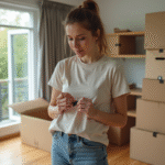 Femme en jeans emballant une boxe de déménagement dans un appartement lumineux