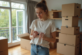 Femme en jeans emballant une boxe de déménagement dans un appartement lumineux