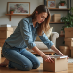 Femme emballant des livres dans un carton pour déménagement