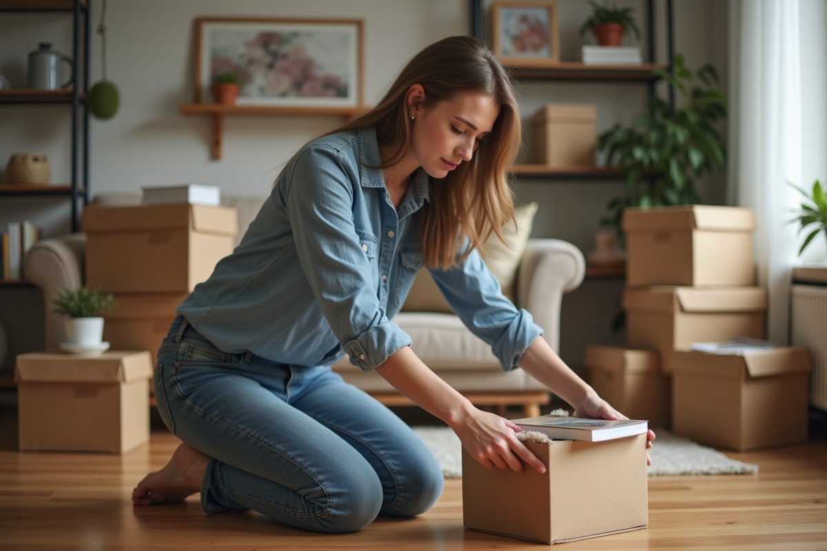 Femme emballant des livres dans un carton pour déménagement